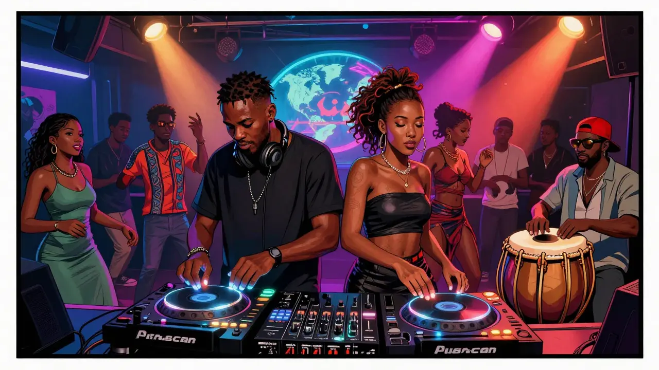 A vibrant underground club scene in Al Barsha with DJs and musicians from different cultures performing together.