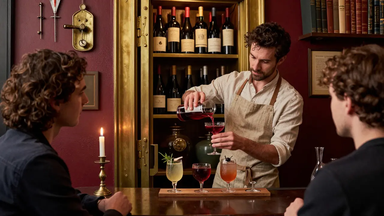 A wine-based cocktail lab with rare bottles and a bartender crafting an unusual drink in a quiet, vintage setting.