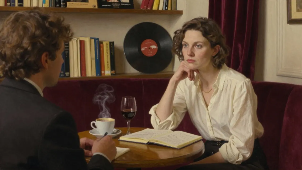 A woman and client sit quietly at a wooden table in a Parisian salon, sharing wine and thoughtful conversation.