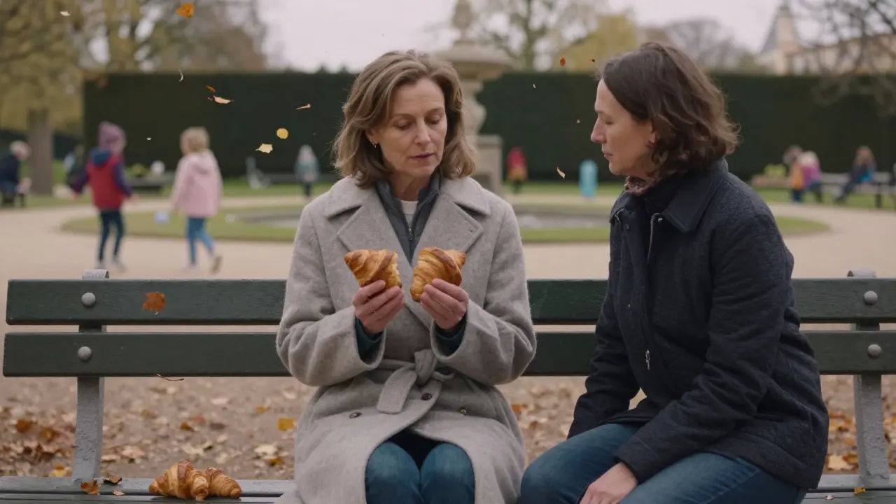 A woman in Luxembourg Gardens holds croissants as a companion offers quiet, wordless support among falling autumn leaves.