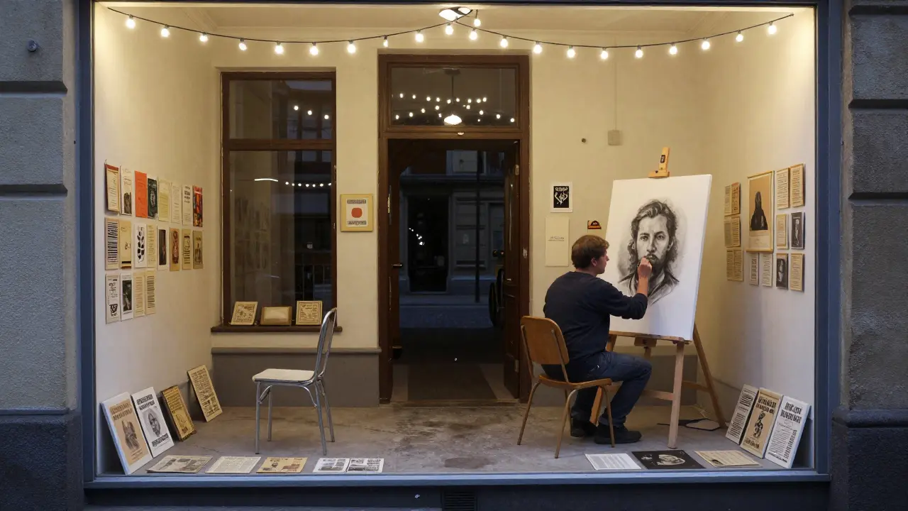 An artist painting with ash in a hidden storefront gallery, surrounded by vintage underground zines.