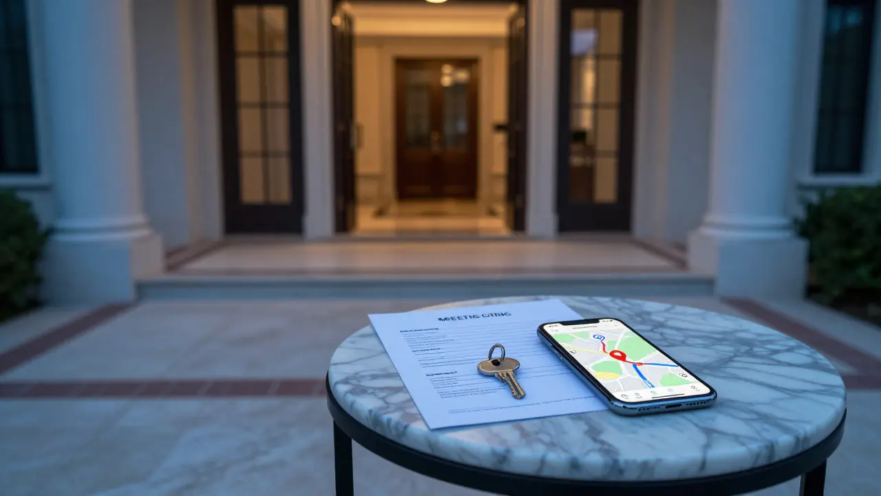 An empty upscale villa entrance with a confirmation slip and GPS pin, suggesting a safe, pre-arranged meeting.