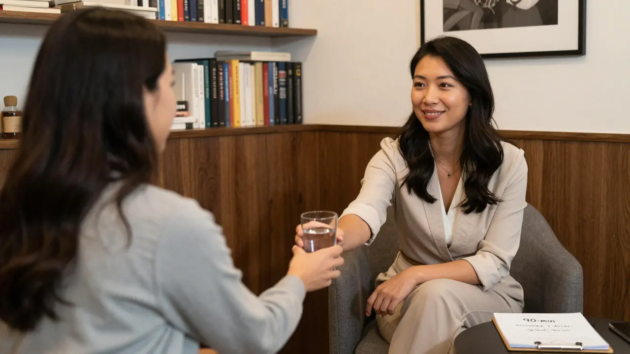 An escort and client sharing a calm, respectful moment over water in a professional setting.