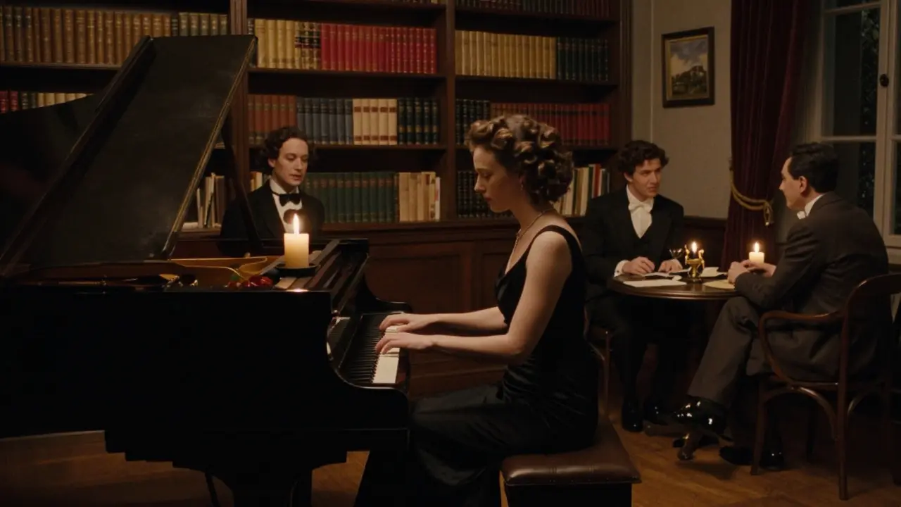 An intimate salon scene with a pianist and guests in formal attire, candlelit and steeped in quiet elegance.