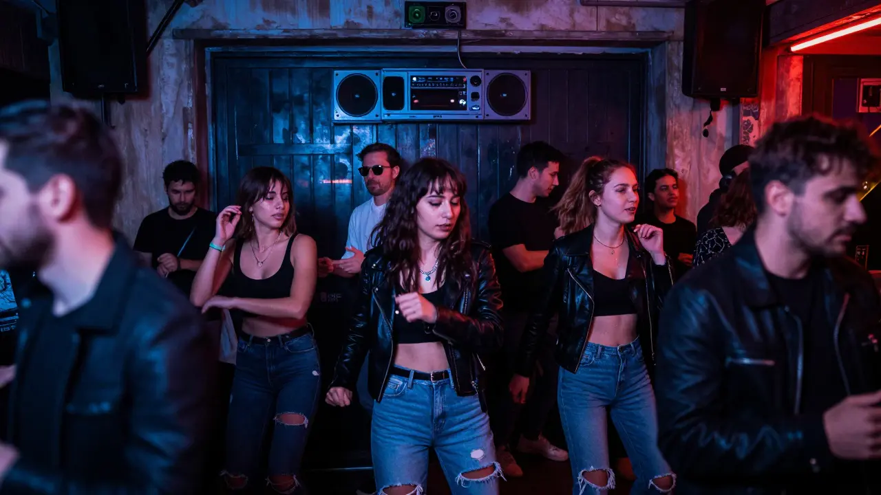 An underground nightclub in Istanbul packed with dancers under pulsing neon lights, surrounded by industrial warehouse walls.