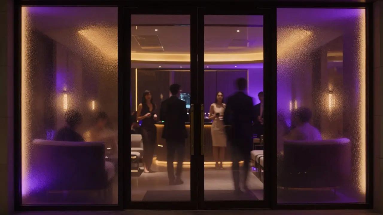 Blurred figures outside glowing lounge doors