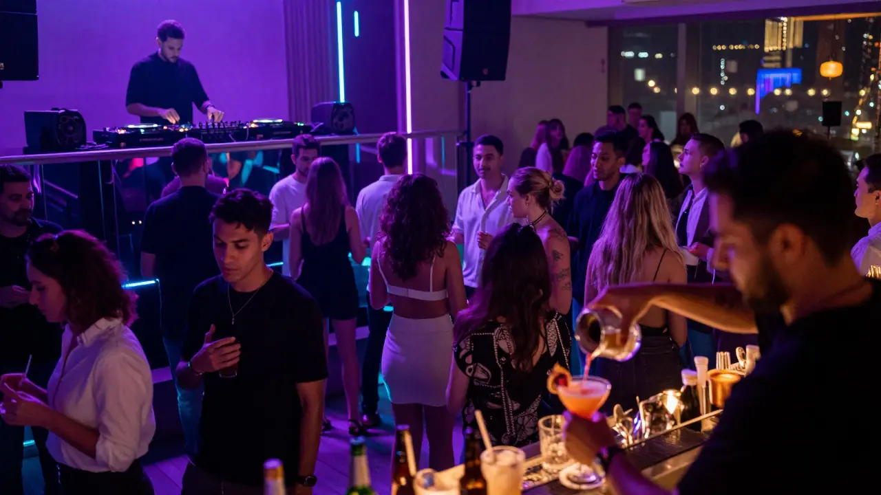 Busy nightclub scene on Yas Island with neon lights and people dancing indoors.