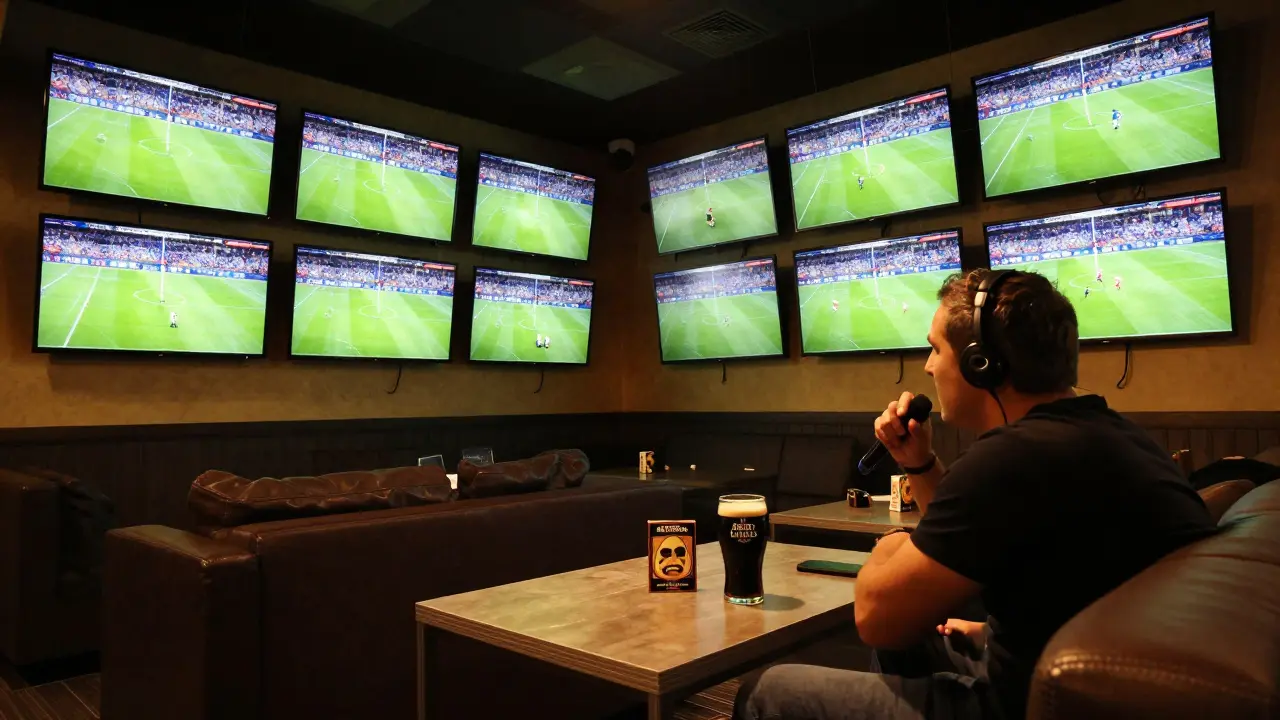 Calm sports bar atmosphere during a Champions League final, deep sofas and rugby memorabilia in soft lighting.
