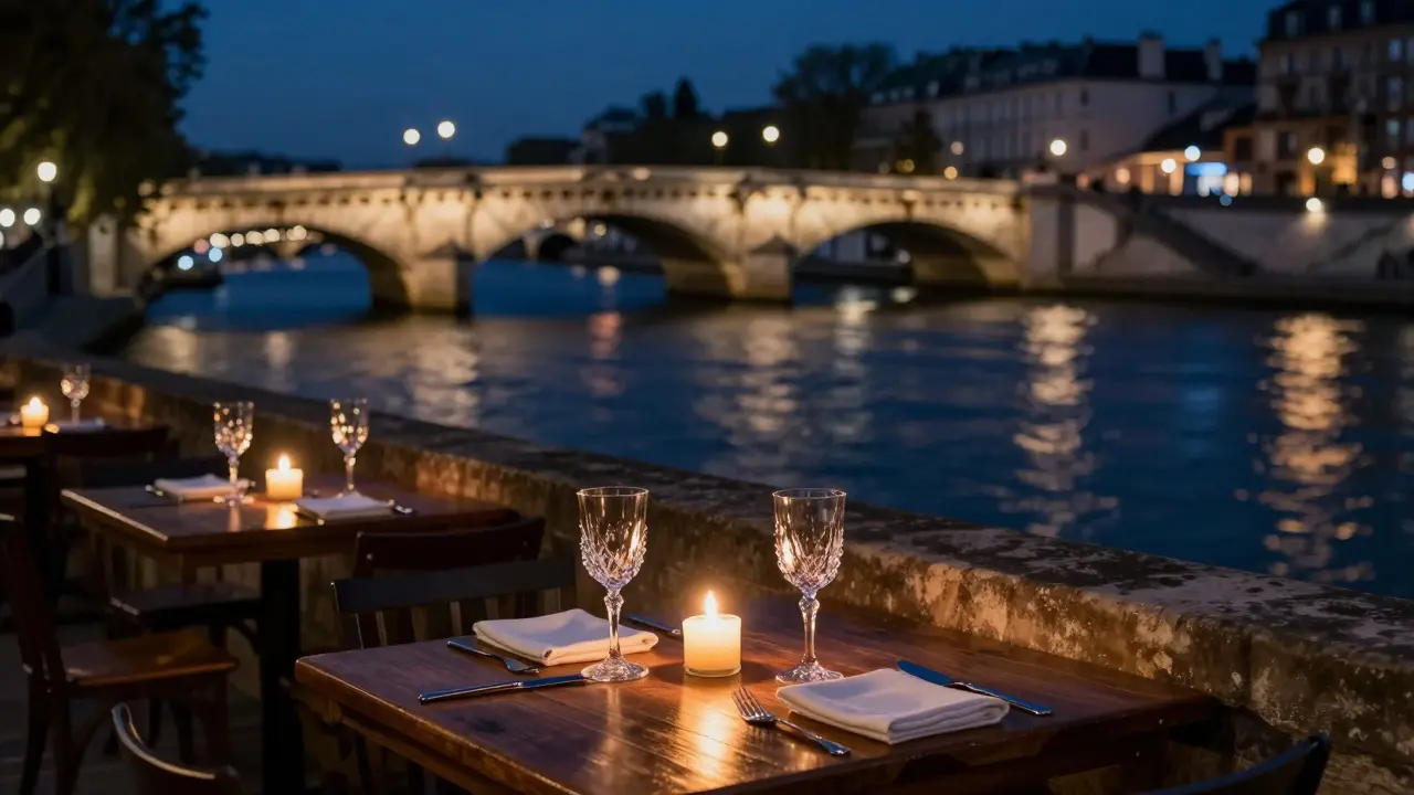 Candlelit dinner table along Seine river at night.
