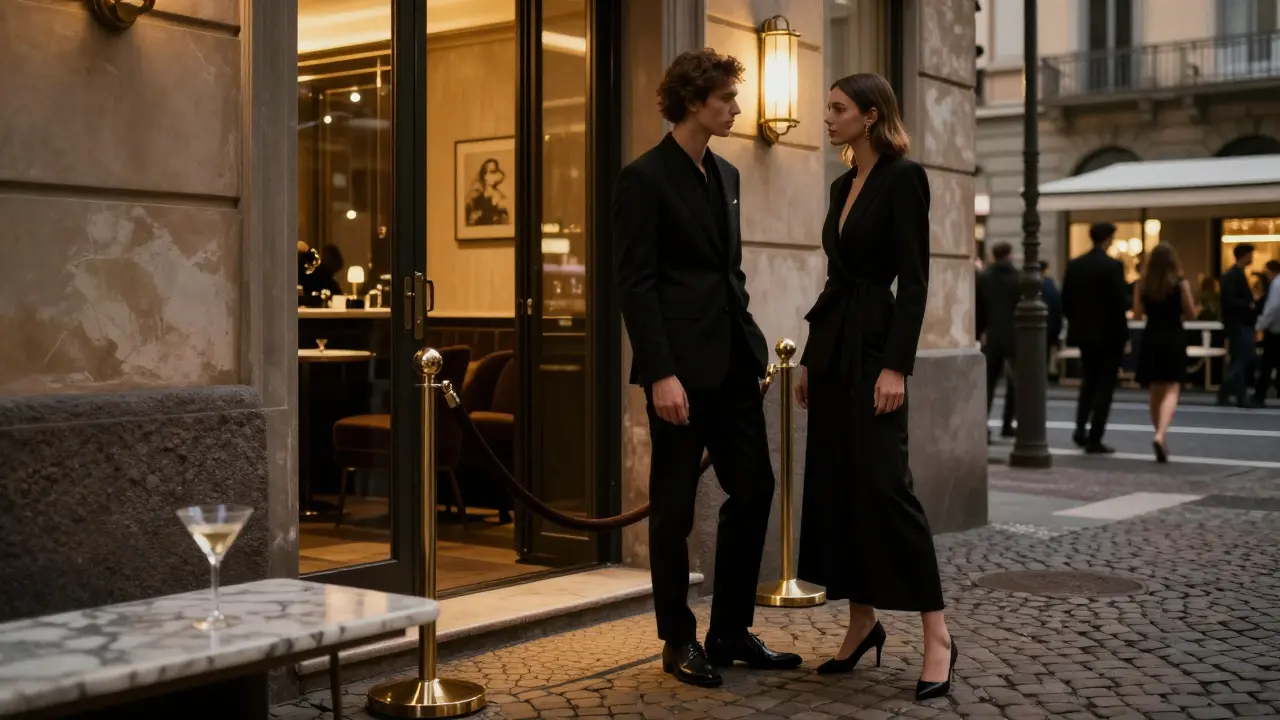 Couple in formal wear standing outside an upscale Brera nightclub entrance.
