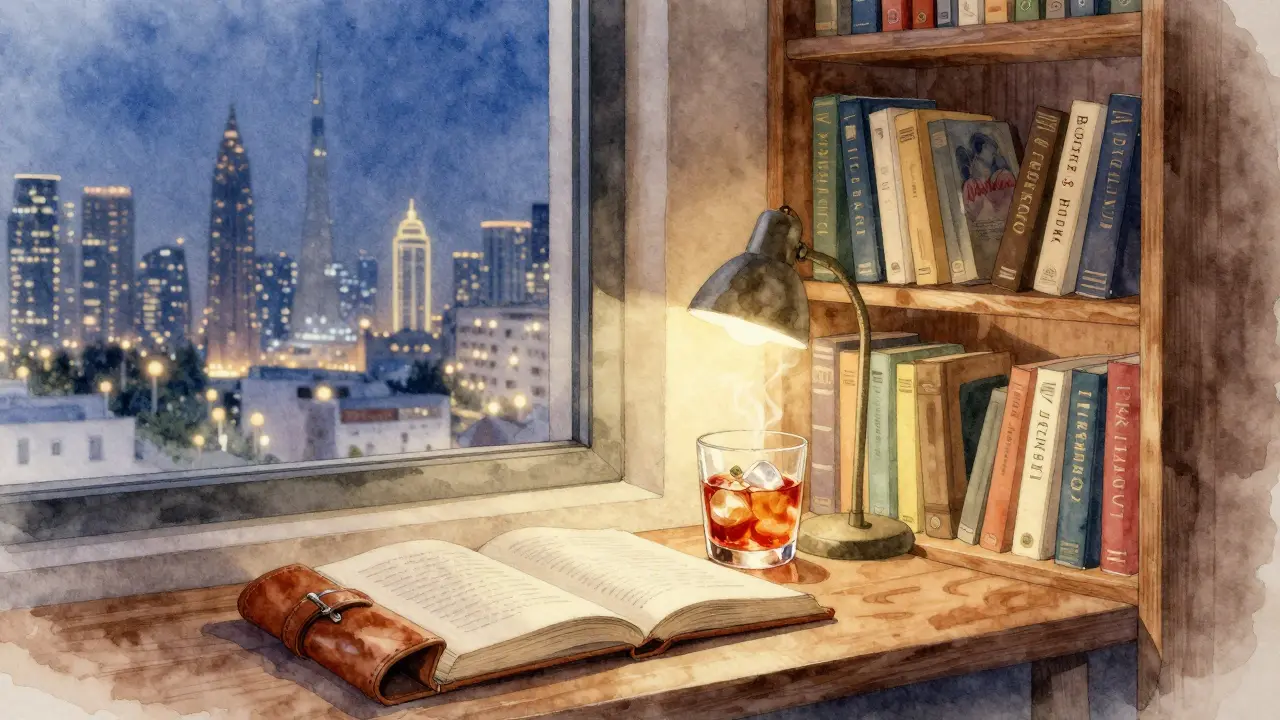 Cozy bookstore-bar corner with a cocktail, open book, and warm lamplight under Dubai's distant night skyline.