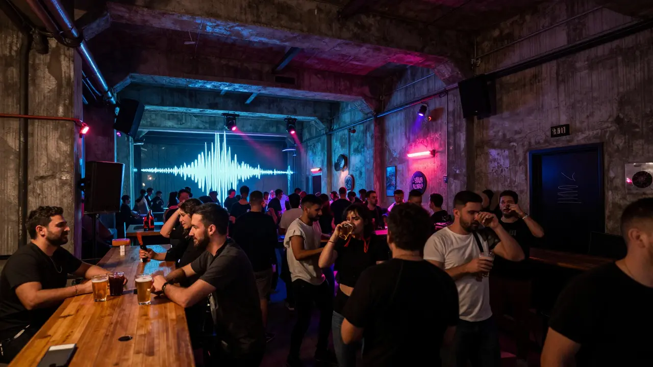 Crowd dancing underground at a gritty techno club with industrial lighting and bass pulses.