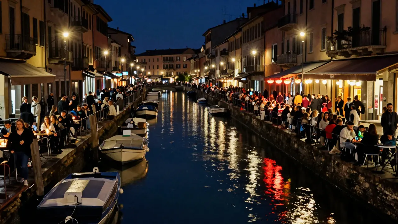 Crowds gathered along lit canals at night in the Navigli district.