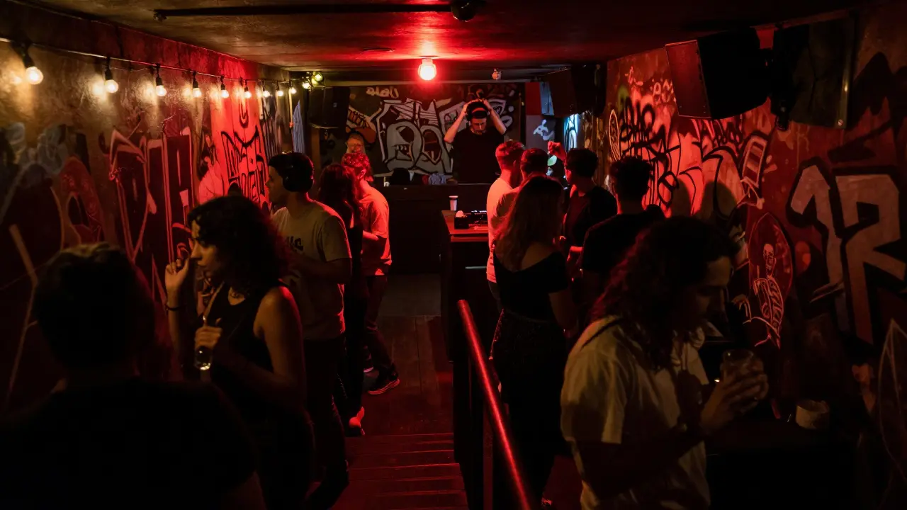 Dimly lit underground venue with a red light above the entrance, people dancing to live music in a cozy basement space.