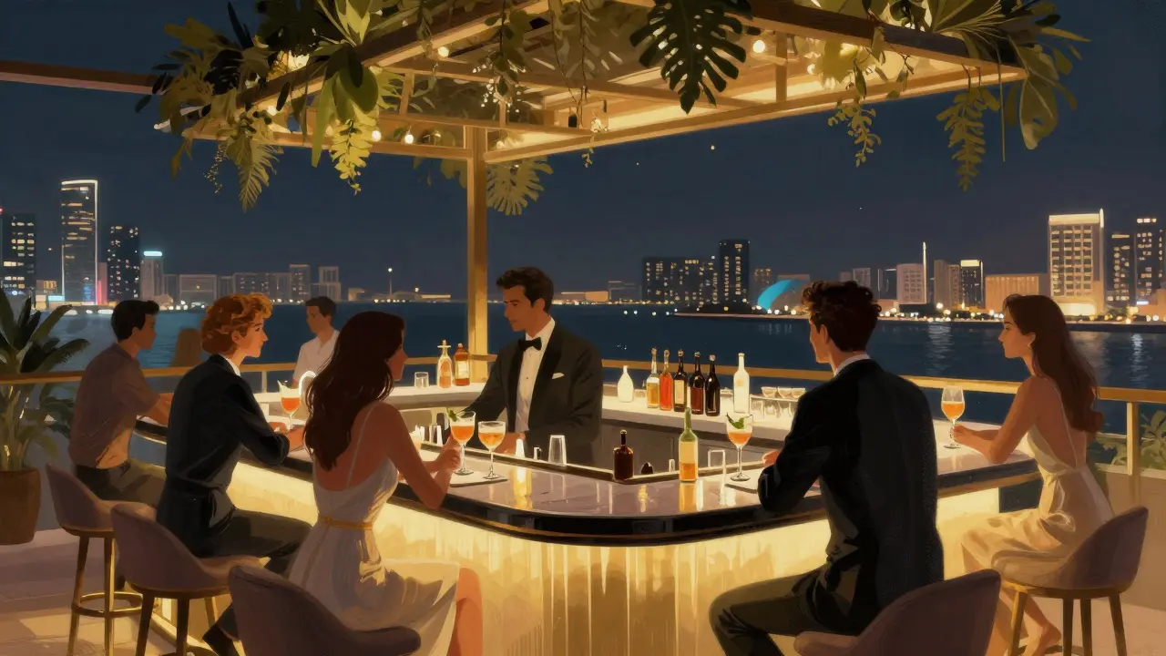 Elegant people drinking cocktails at a rooftop bar with city views.