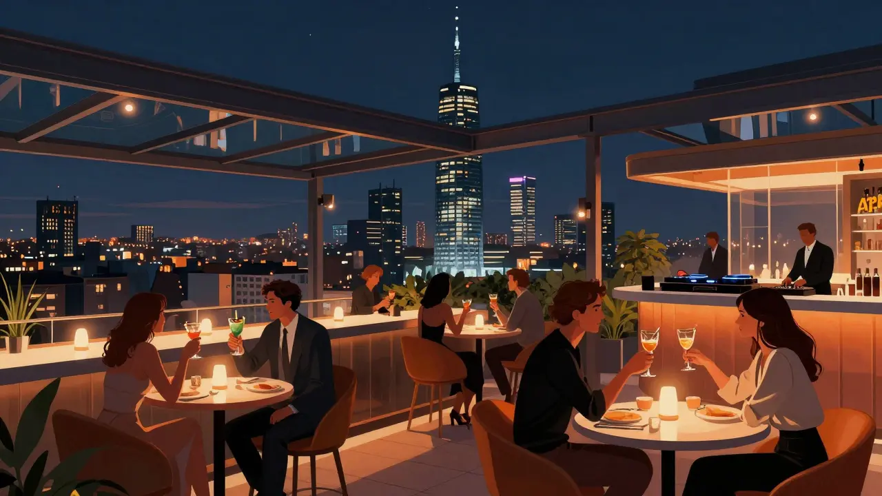 Elegant rooftop bar with panoramic views of Milan’s skyline and Bosco Verticale, patrons in smart attire sipping cocktails under night lights.