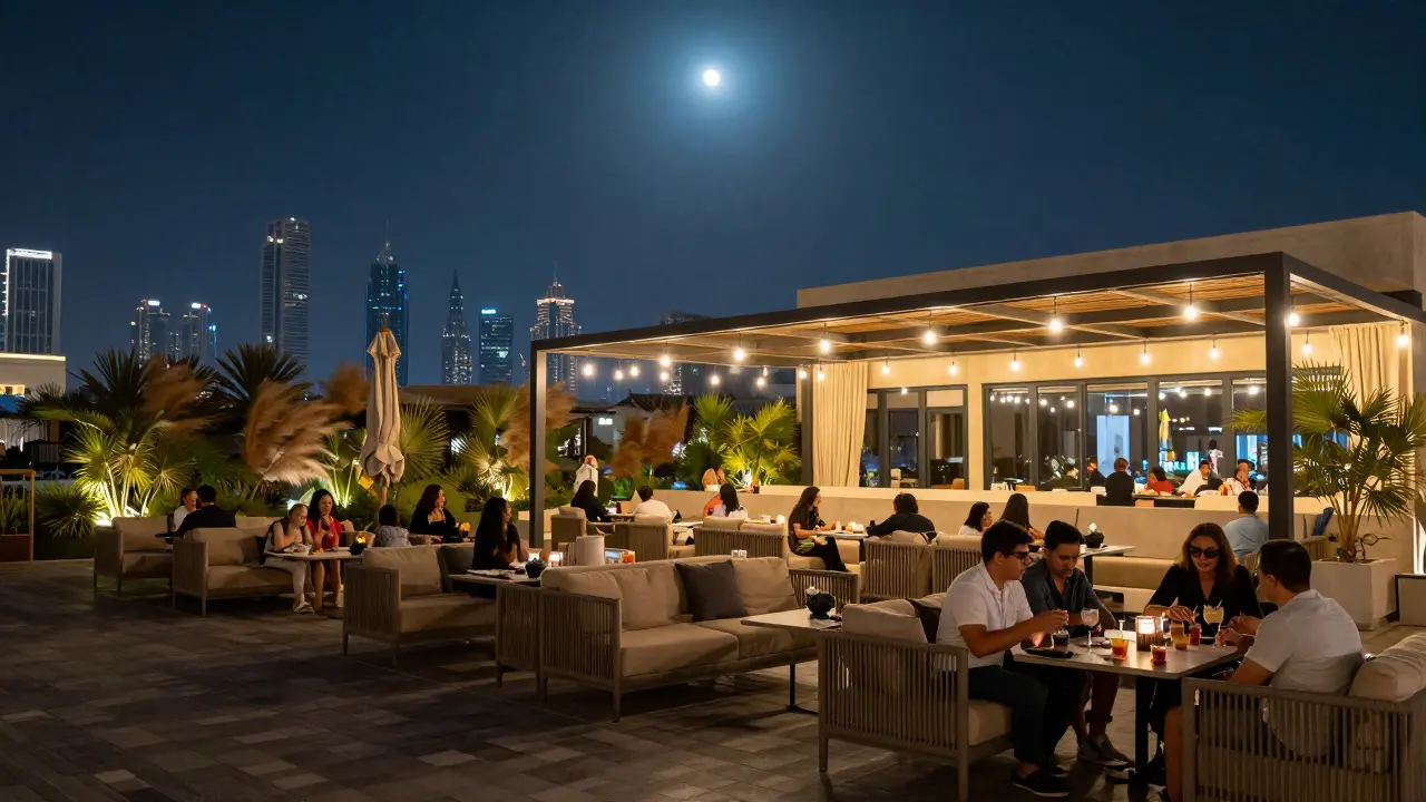 Evening view of outdoor terrace seating with city skyline behind