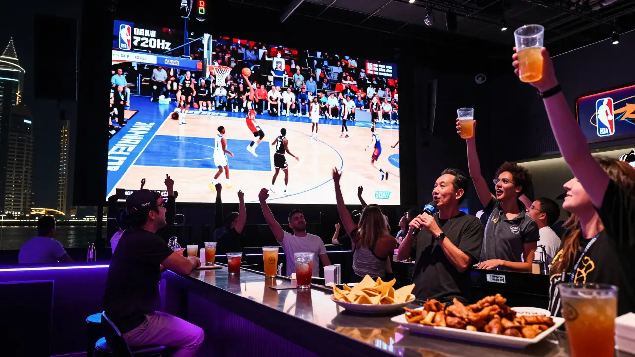 Excited patrons at Bar None celebrating an NBA three-pointer, large screens and game-day snacks visible.