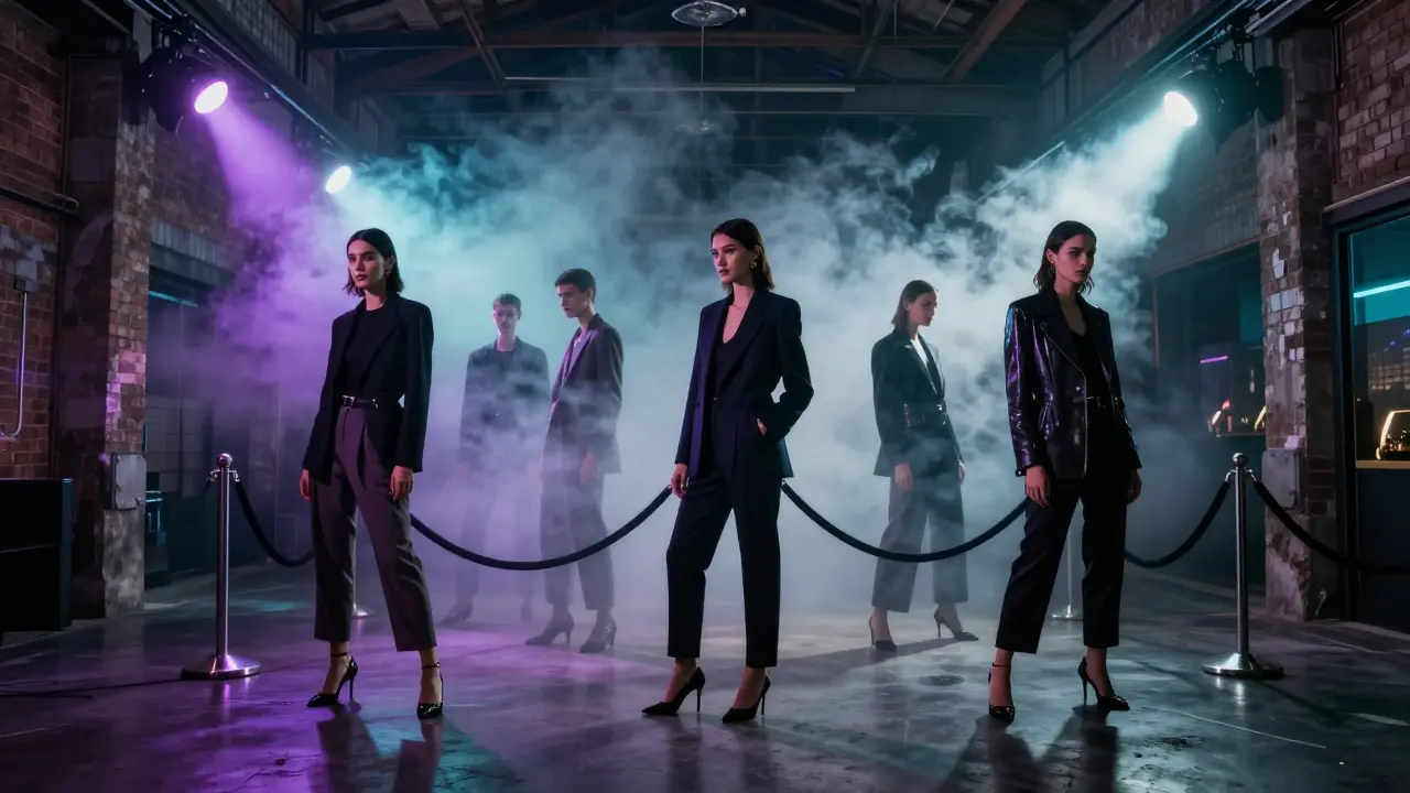 Fashionable group standing in a smoky nightclub interior.