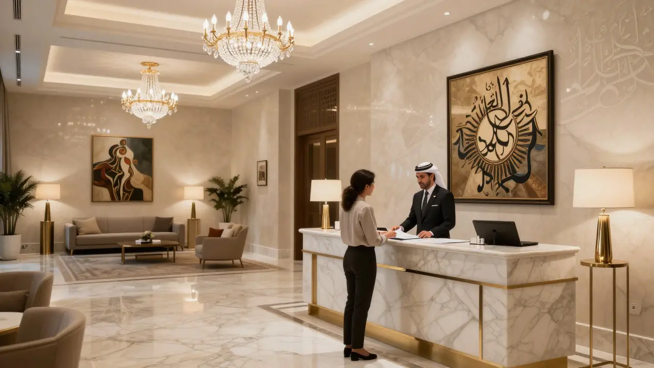 Hotel concierge assisting guest in upscale lobby