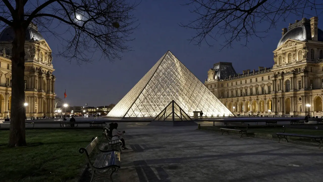 Illuminated Louvre pyramid and garden benches at twilight.