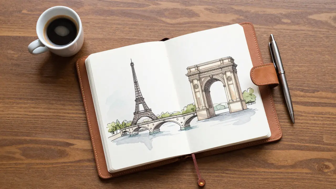 Leather journal and coffee cup on a table with art