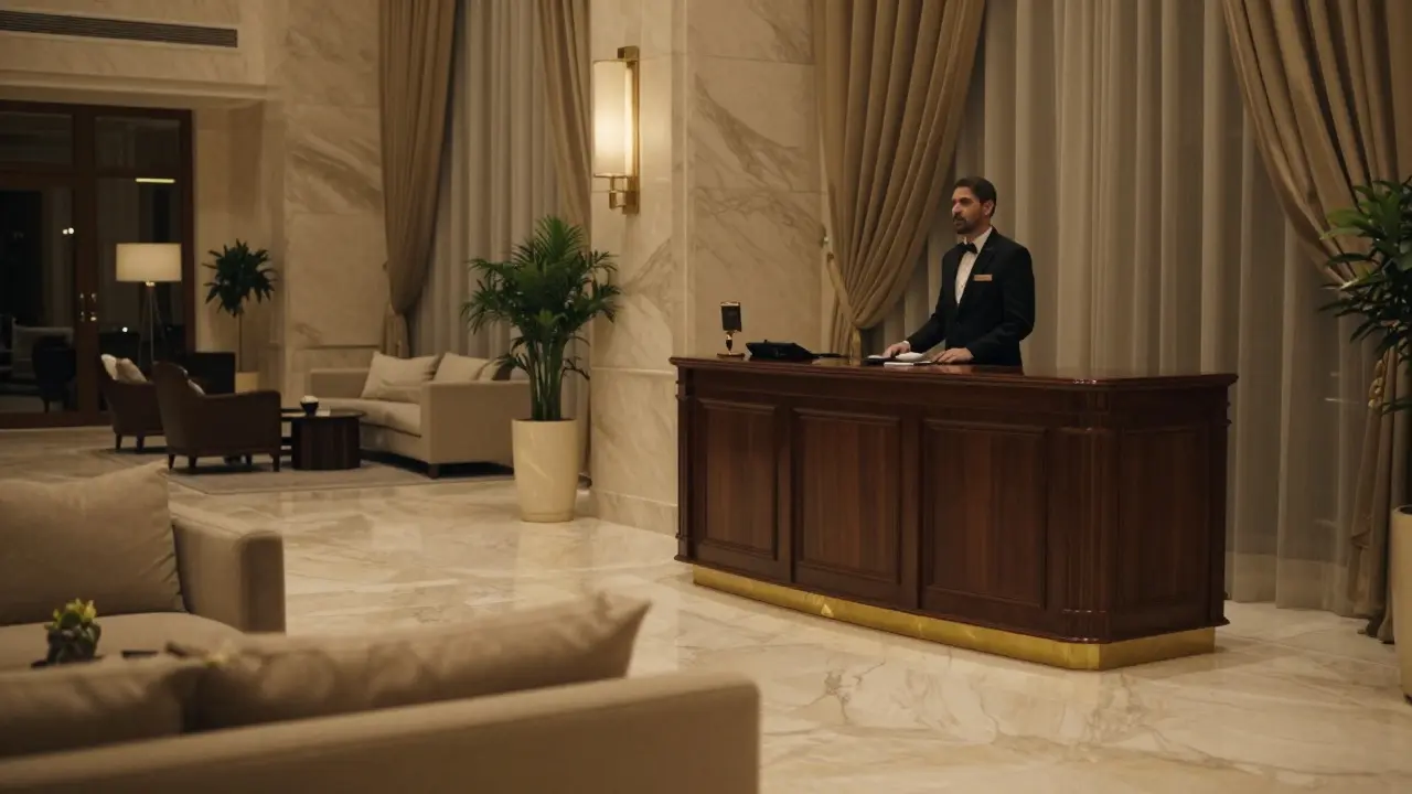 Luxurious hotel lobby with marble floors