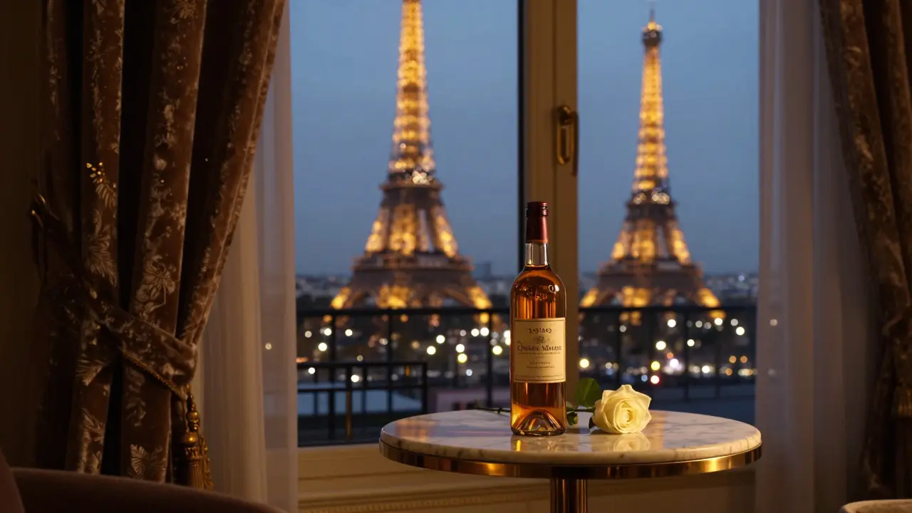 Luxurious hotel suite at twilight with Eiffel Tower view, a bottle of fine wine and a rose on marble.