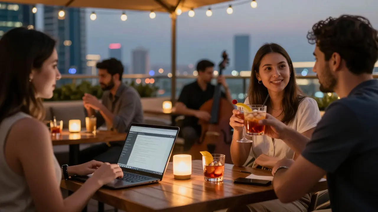 Mid-level managers enjoying happy hour cocktails on a softly lit rooftop lounge at dusk.