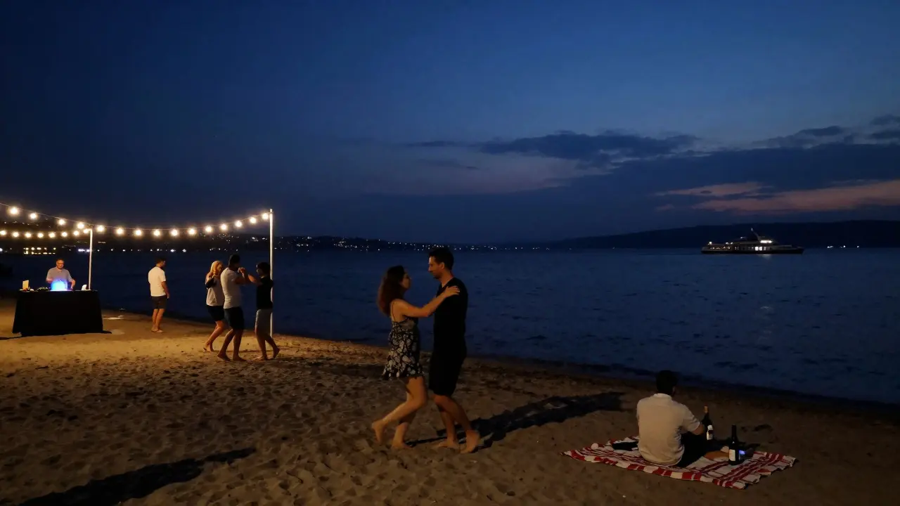 People dancing on a beach along the Bosphorus under string lights at twilight.