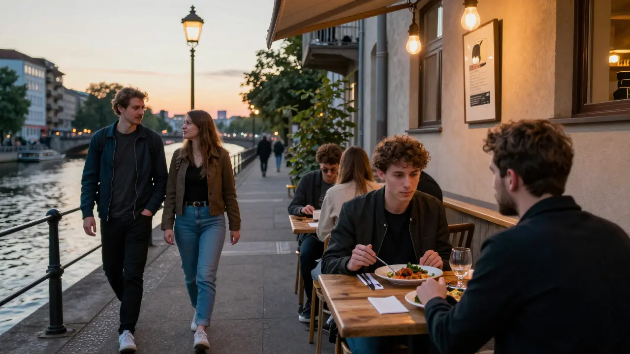 People enjoying quiet companionship in Berlin — walking by the river, sharing dinner, and visiting a museum.