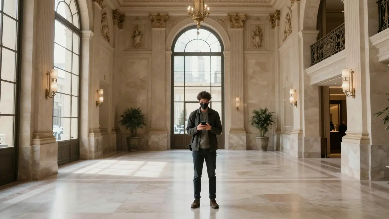Person checking phone discreetly in an elegant hotel lobby