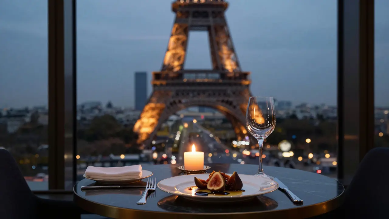 Private dining alcove atop the Eiffel Tower with candlelight, fine china, and glowing city lights below.