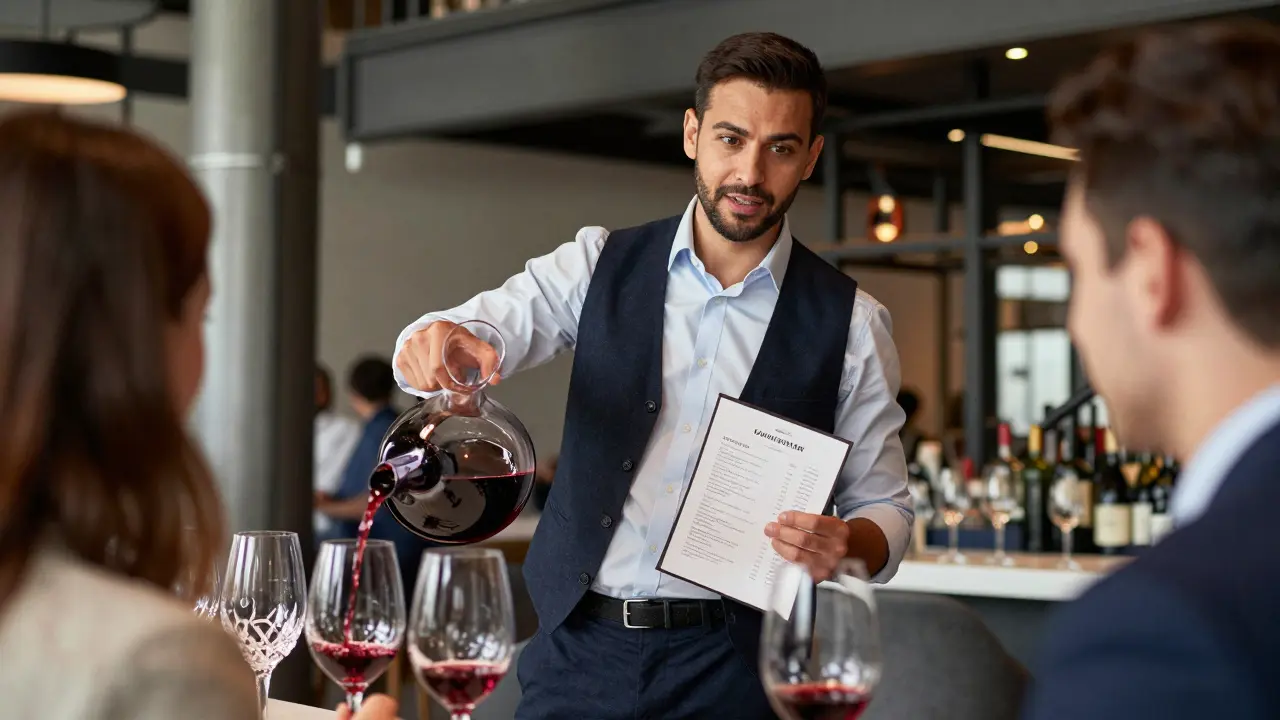 Professional sommelier serving wine to guests in upscale lounge