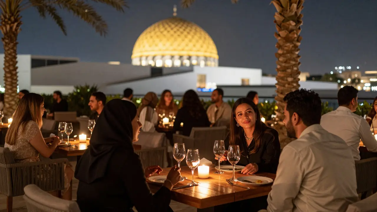 Quiet outdoor dining lounge near Louvre Abu Dhabi with candlelight and sea view.