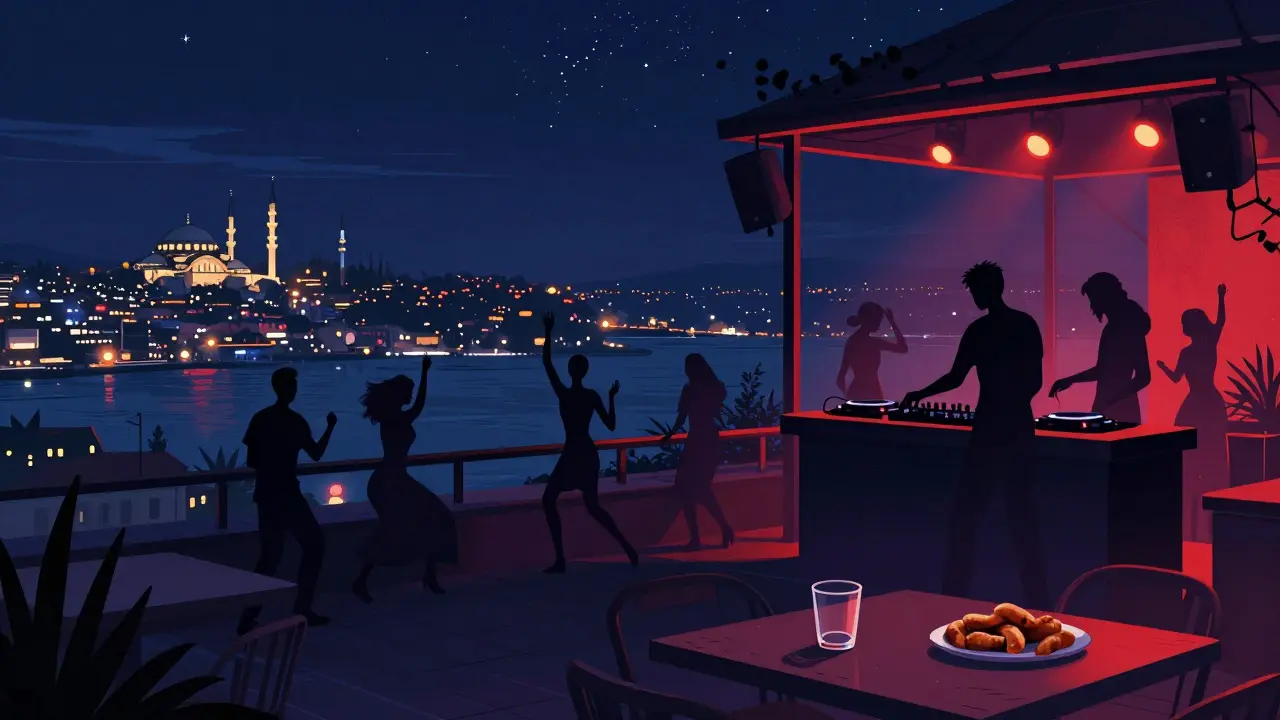 Reina rooftop club at dawn, Bosphorus lights twinkling, dancers silhouetted against the skyline, empty glass on table.