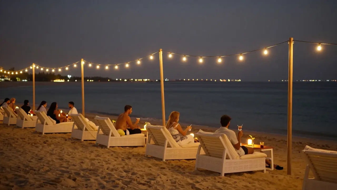 Relaxed beach club seating under string lights by the sea.