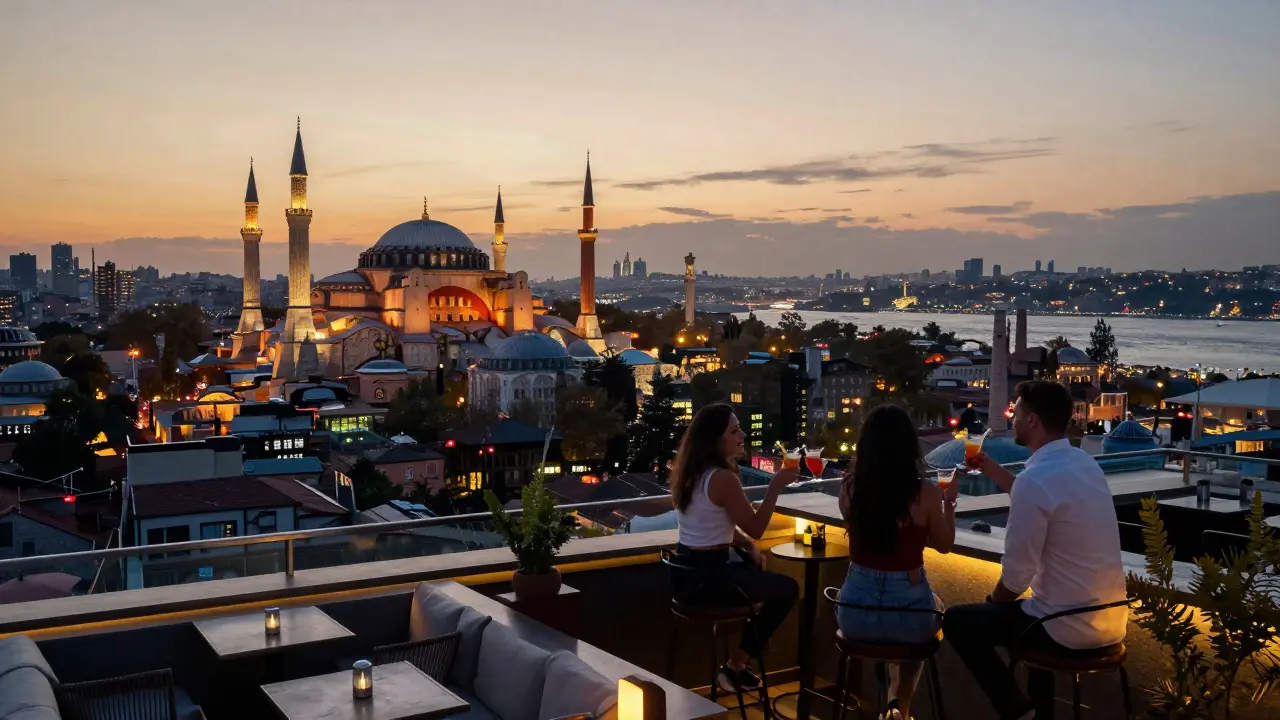 Rooftop bar overlooking Istanbul’s skyline at dusk, guests enjoying cocktails with the Blue Mosque in the background.