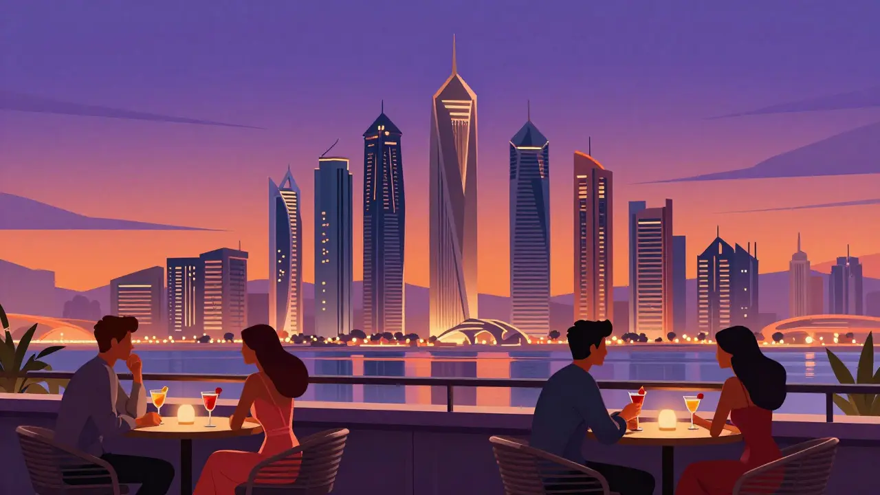 Rooftop bar view with Abu Dhabi skyline and twisted towers.