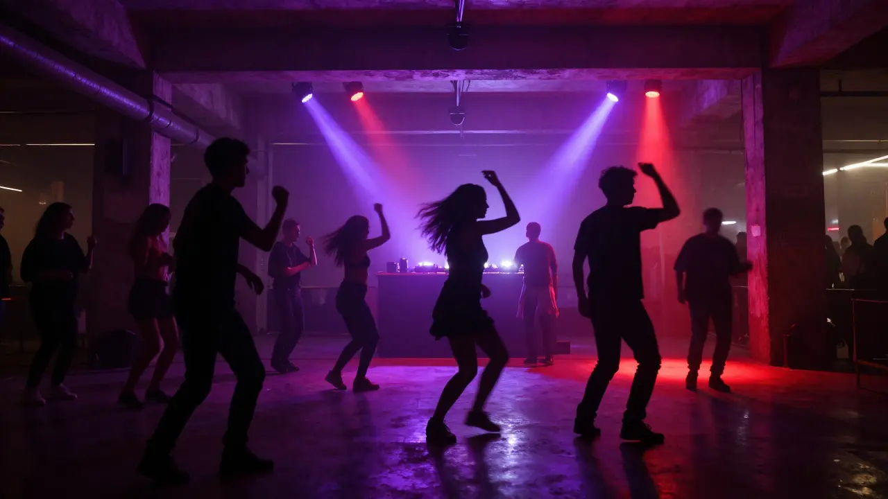 Silhouetted dancers in a dark warehouse club with purple lighting beams.