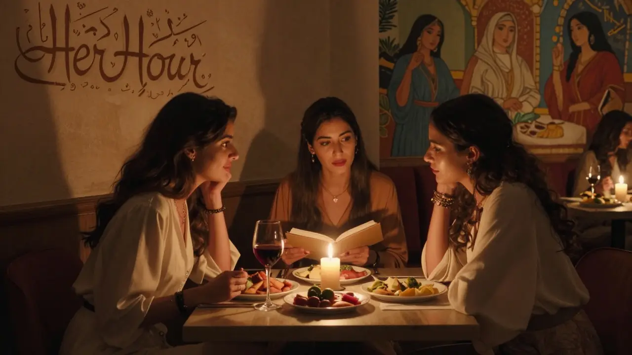 Three women in candlelight sharing mezze and conversation at an intimate restaurant, one holding a notebook.