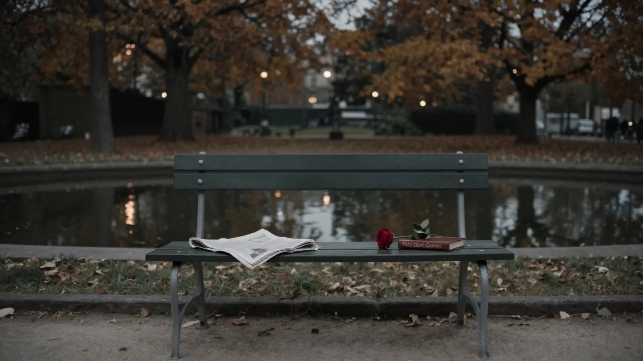 Two empty chairs on a Paris garden bench, with a rose and book left behind, suggesting a meaningful but unseen encounter.
