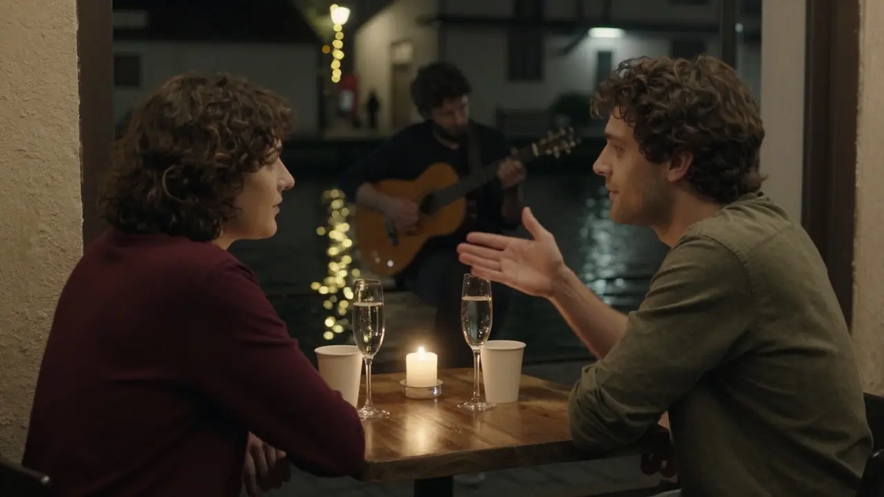 Two people share Prosecco by a canal-side table in Navigli, surrounded by soft string lights and nighttime charm.