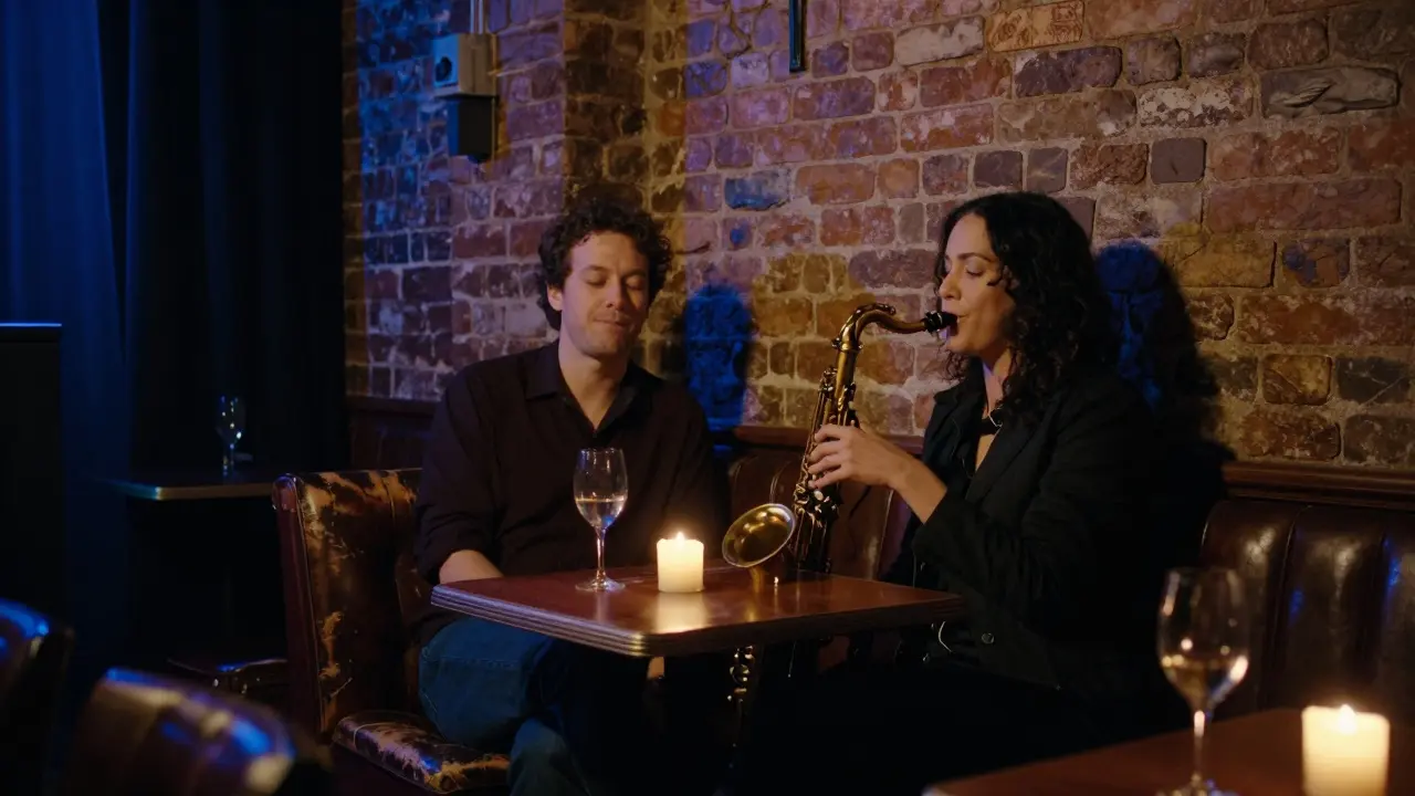 Two people share silent moments in a cozy Parisian jazz club, lit only by candlelight and the glow of a saxophone's final note.