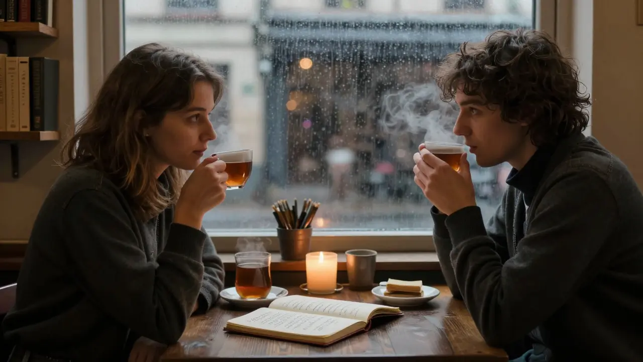 Two people sit across from each other in a quiet Berlin café, a notebook of handwritten poetry open between them under candlelight.