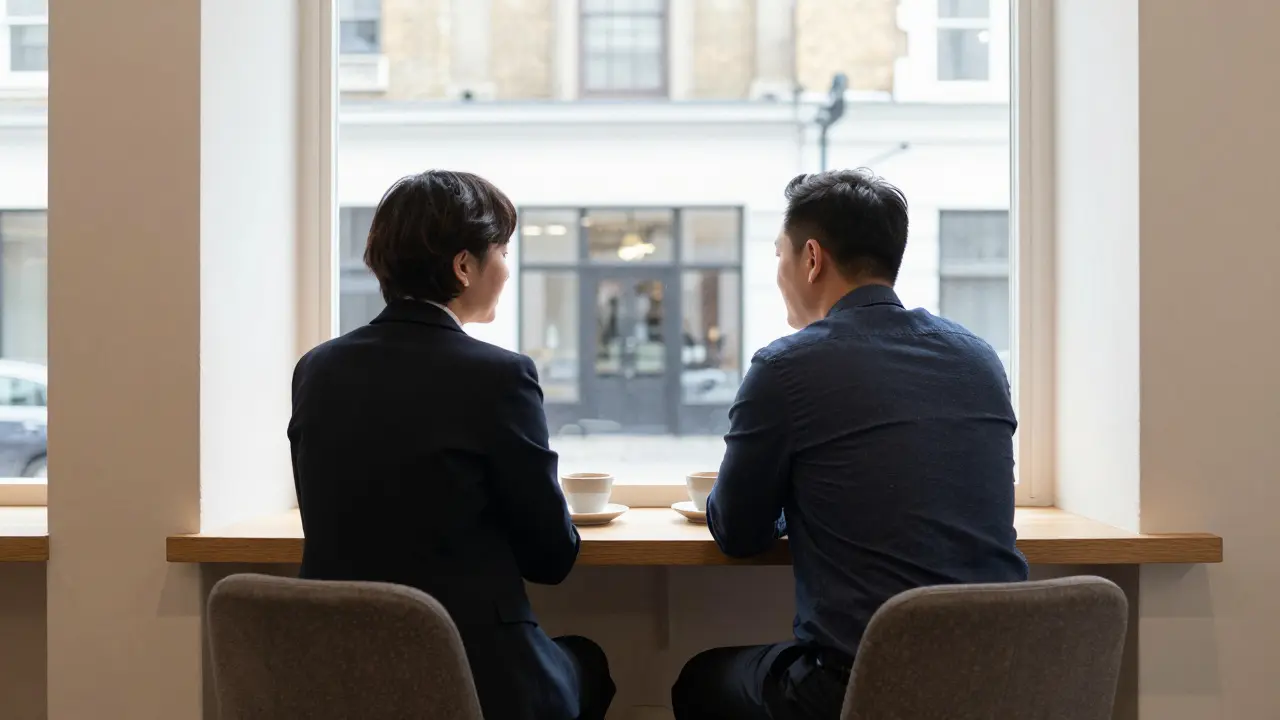 Two people sitting opposite each other in a bright cafe