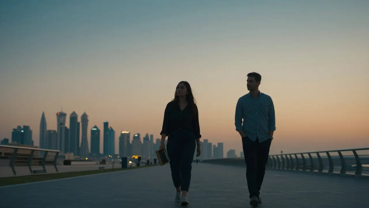 Two people walking peacefully at dusk in Dubai, side by side but separate, sharing silent companionship.