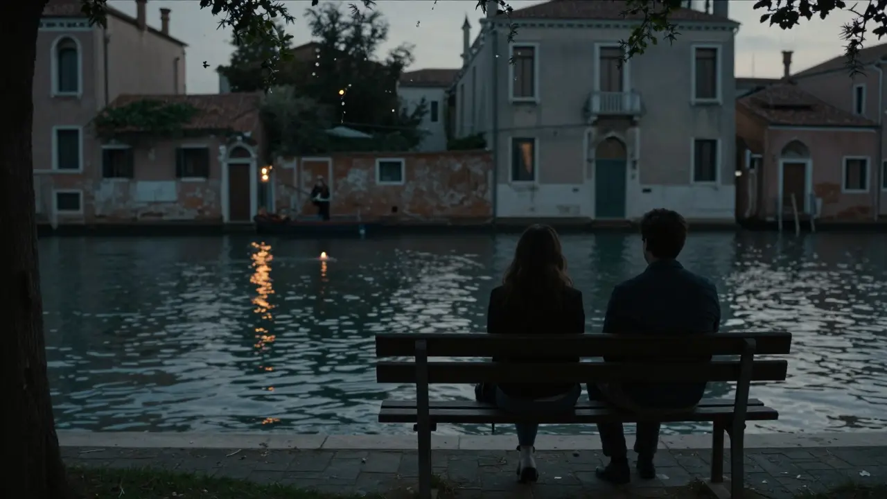 Two silhouettes sit on a bench by a canal at dusk, a violinist plays softly in the distance under flickering candles.