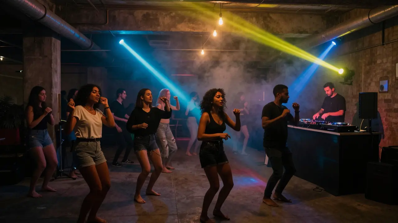 Underground warehouse party in Al Quoz with pulsing neon lights and people dancing to live techno music.